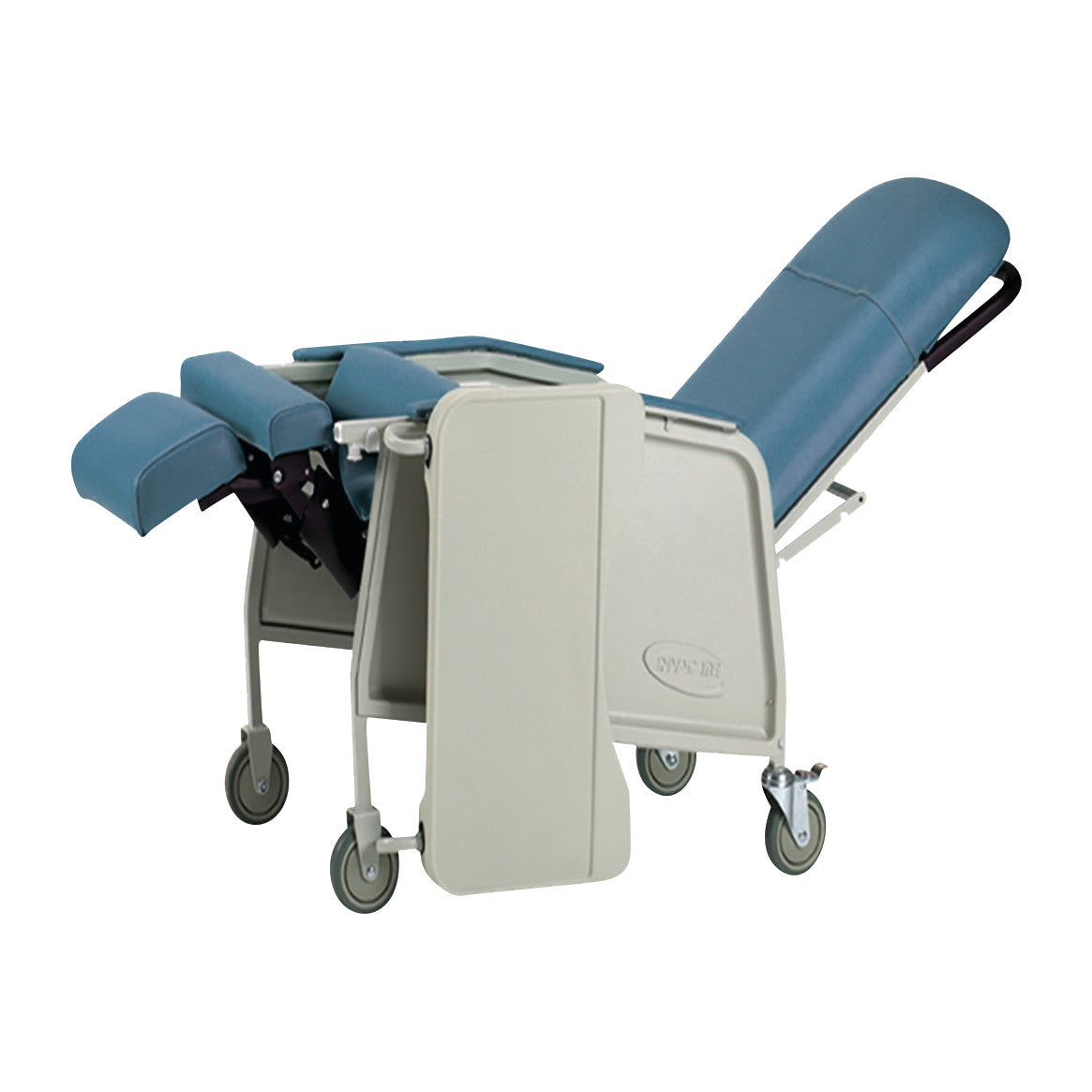 Invacare Traditional Geri-Chair with blue cushions and a reclining back, featuring adjustable leg rests and four casters for mobility.