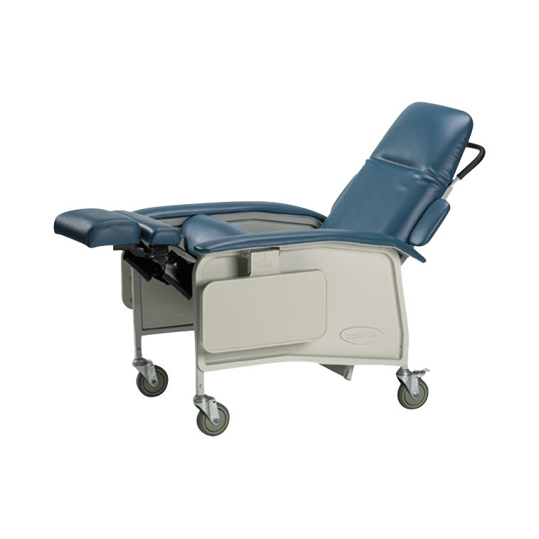 Invacare Clinical Geri-Chair, a blue padded recliner on wheels, features adjustable footrests and back support for patient comfort.