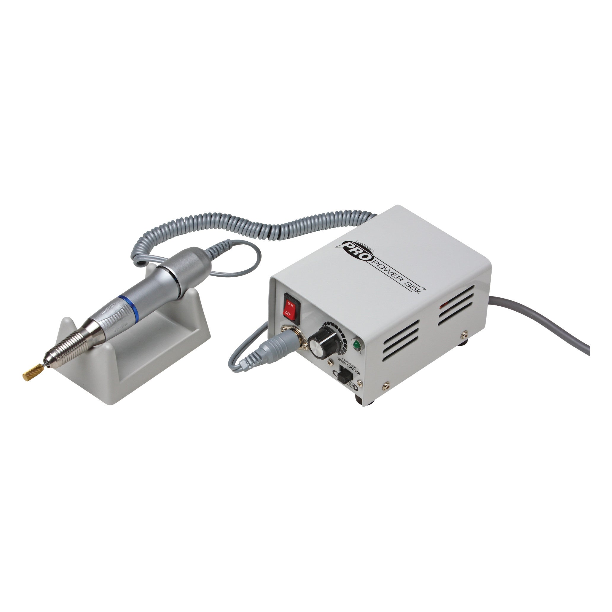 The Pro Power 35K Electric Debriding File, featuring a handheld tool on a stand with a connected control unit, sits on a surface.