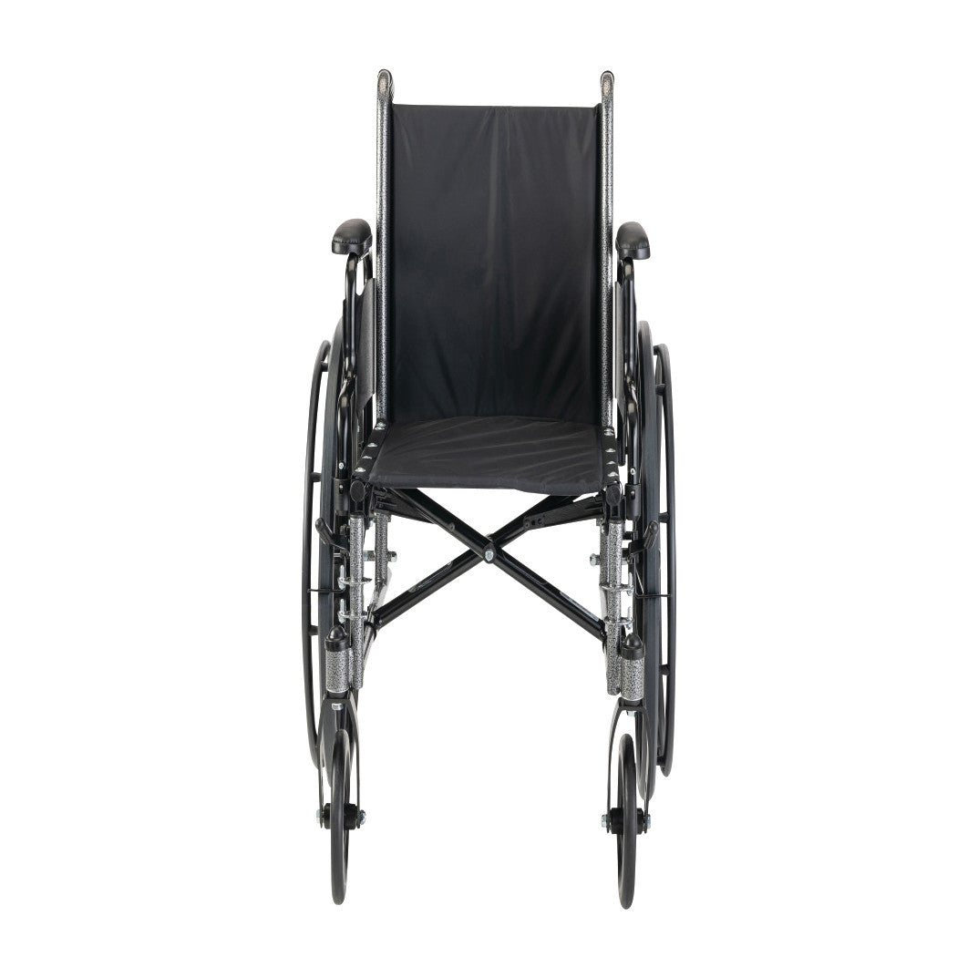 Front view of the Invacare Tracer SX5 Wheelchair with Desk Arms, featuring black seat upholstery and large rear wheels.
