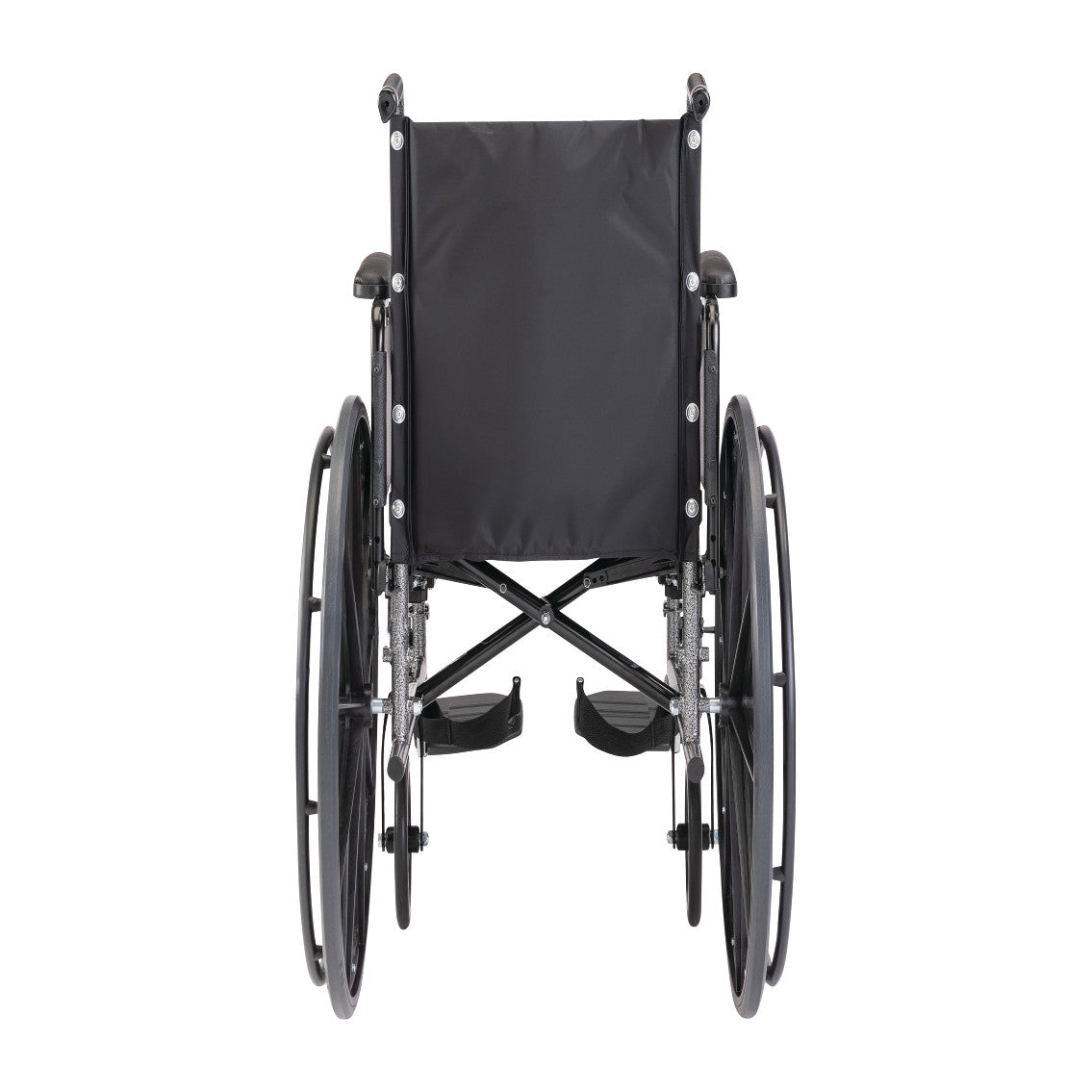 Wheelchair with Full Arms, viewed from the rear, showing black fabric backrest, large rear wheels, and foot supports.