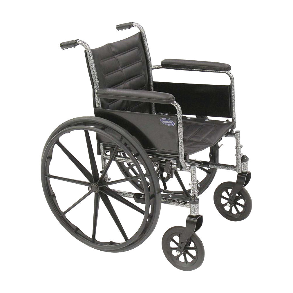 The Invacare Tracer EX2 Wheelchair features a black seat, large rear wheels, and small front casters.