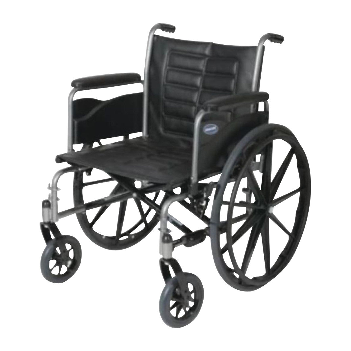 Invacare Tracer IV Wheelchair with Full Arms and Urethane Tires, featuring a black cushioned seat, large rear wheels, and footrests.