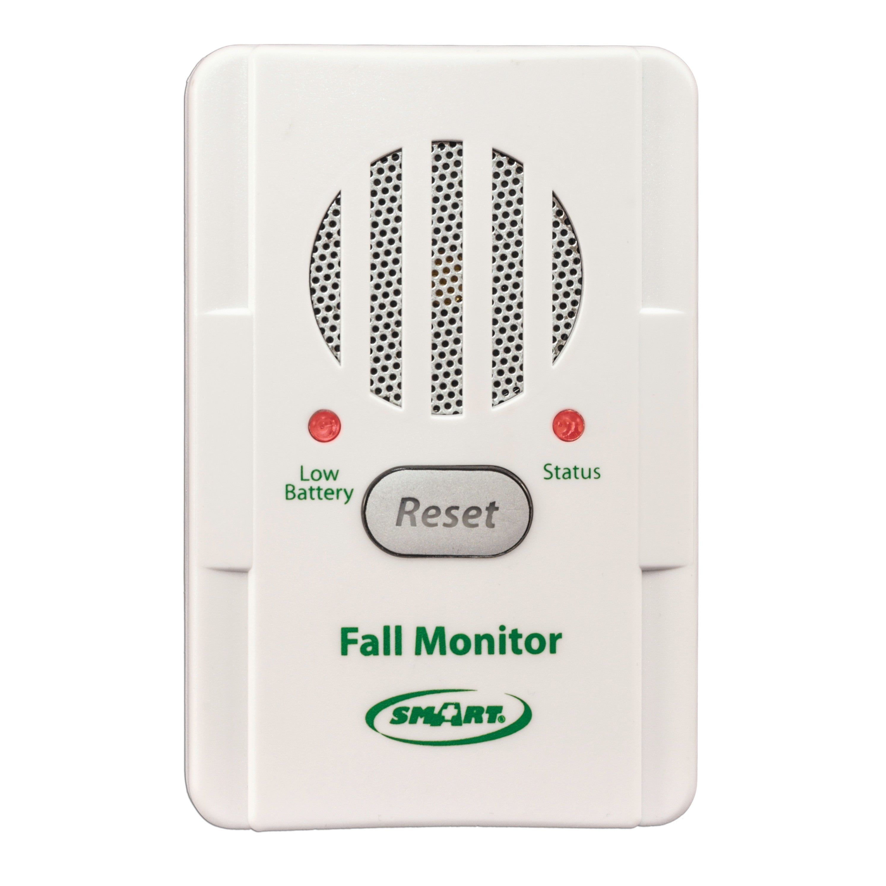 Smart Caregiver Basic Fall Monitor device with speaker, reset button, low battery, and status indicators on the front panel.