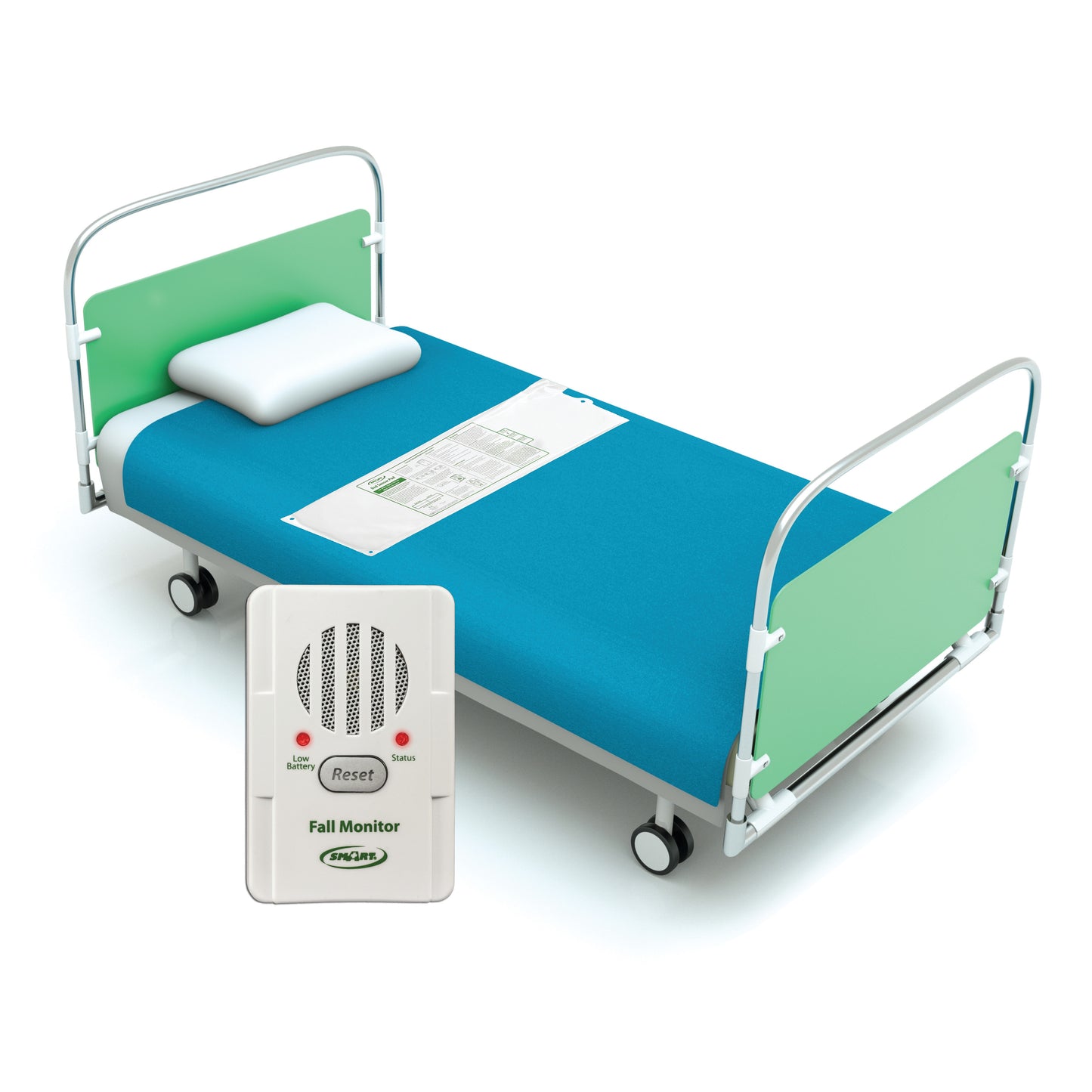 Hospital bed with blue sheets and a fall sensor pad. Inset: "Smart Caregiver Basic Fall Monitor" device with reset button.