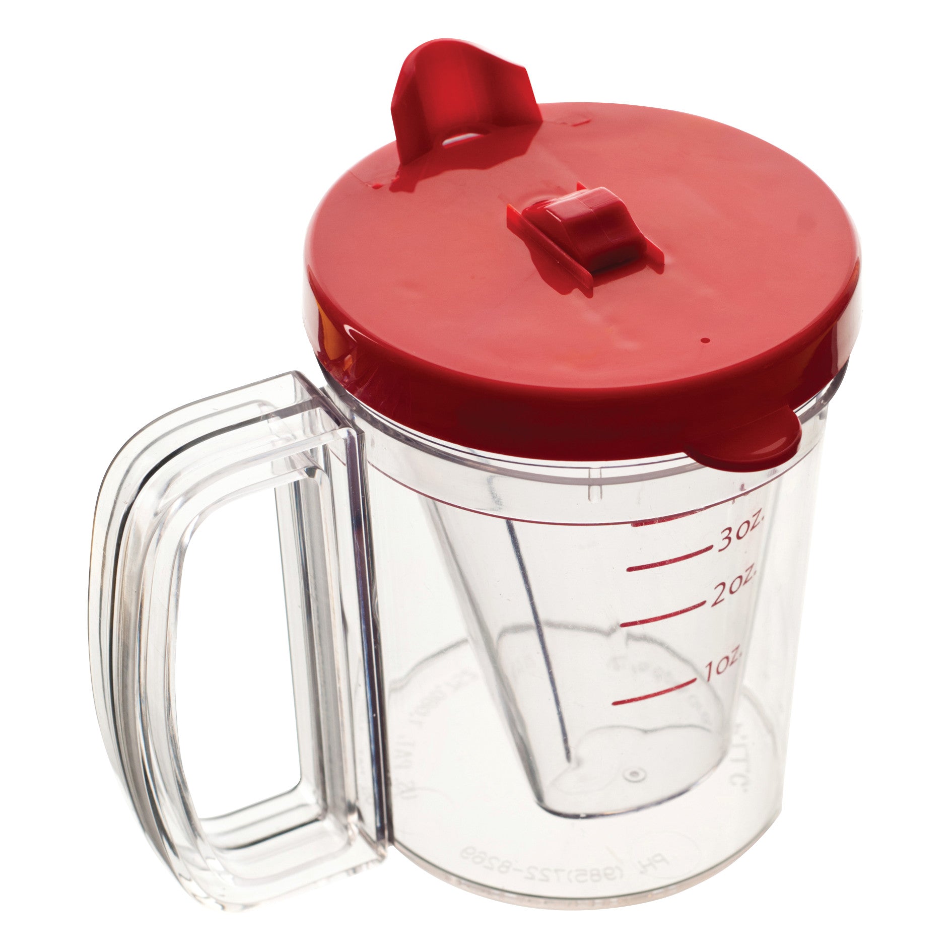 A clear plastic Wedge Cup with a red lid, designed with measurement markings on the side and a large handle for ease of use.