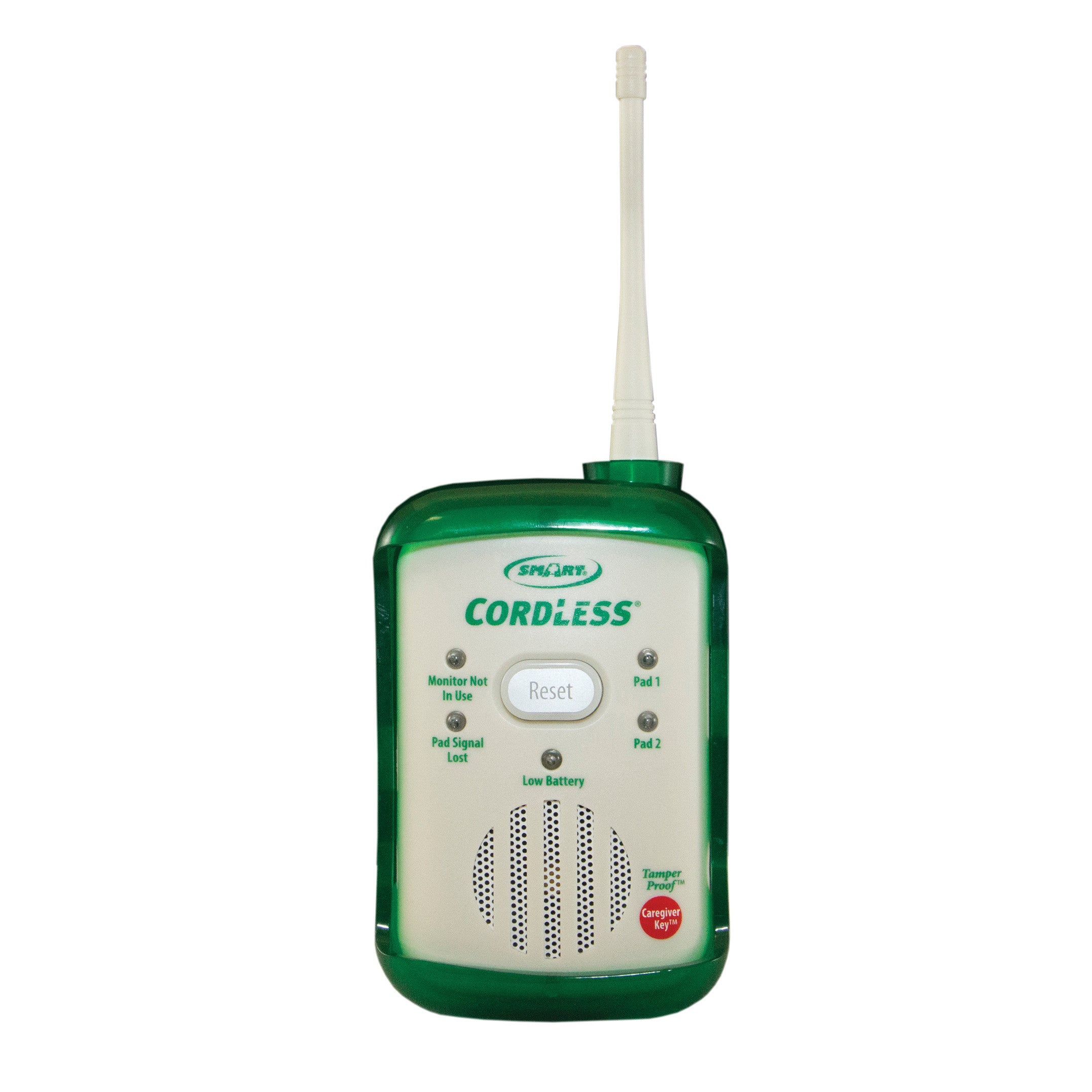 Smart Caregiver CordLess Fall Alarm with a green and beige design, featuring a reset button, indicator lights, and an antenna.