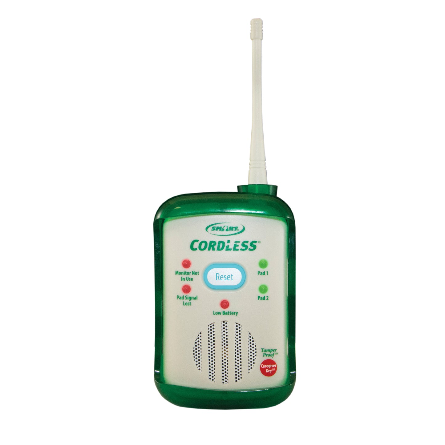 Smart Caregiver CordLess Fall Alarm with a green border, antenna, buttons labeled "Reset," status lights, and a speaker at the bottom.