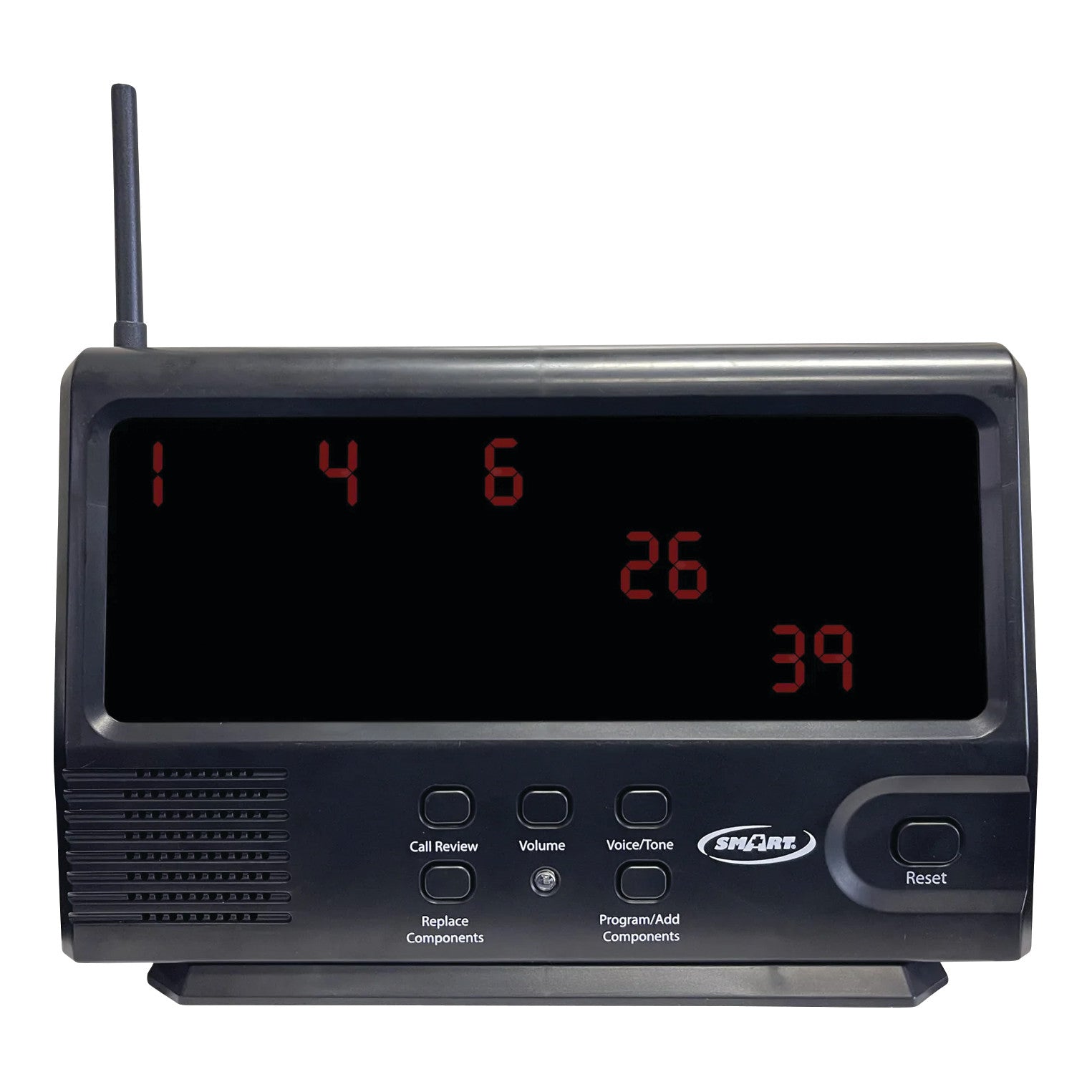 The Smart Caregiver Economy Central Monitor displays numbers and features buttons for call review, volume, and reset.