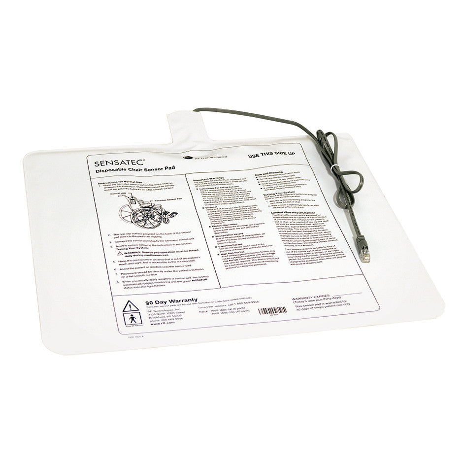 Sensatec Fall Management Chair Sensor Pad with attached cable, featuring instructions and warranty details printed on the surface.