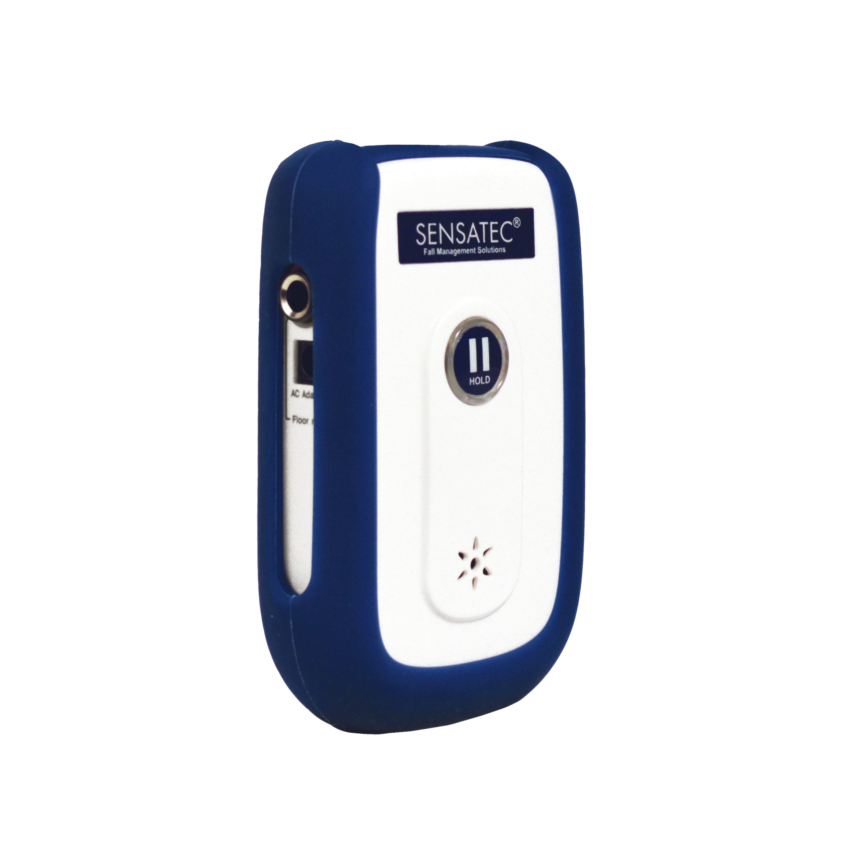 The Sensatec Fall Alert ST750 Voice Alarm Unit is a compact, white device with blue edges, featuring a pause button and ventilation holes.