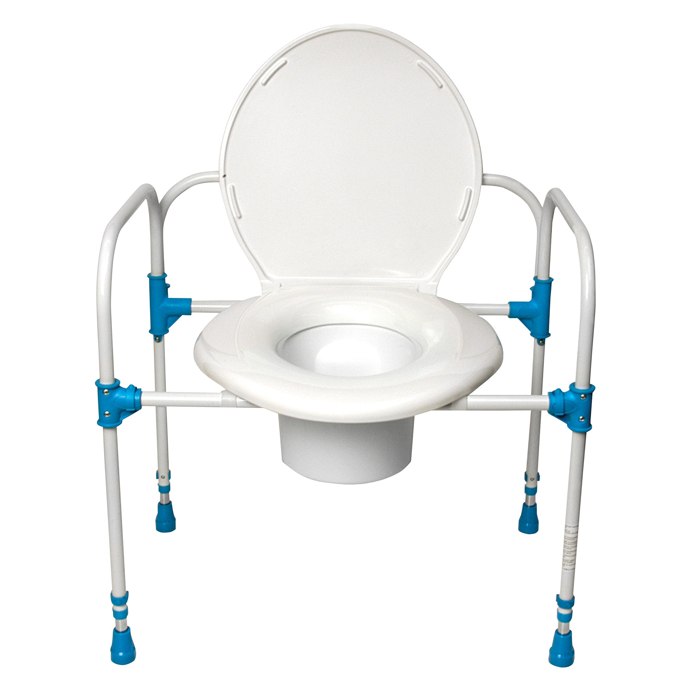 Big John Commode Chair with a white seat, lid, and sturdy metal frame, featuring blue bracket accents and adjustable legs.