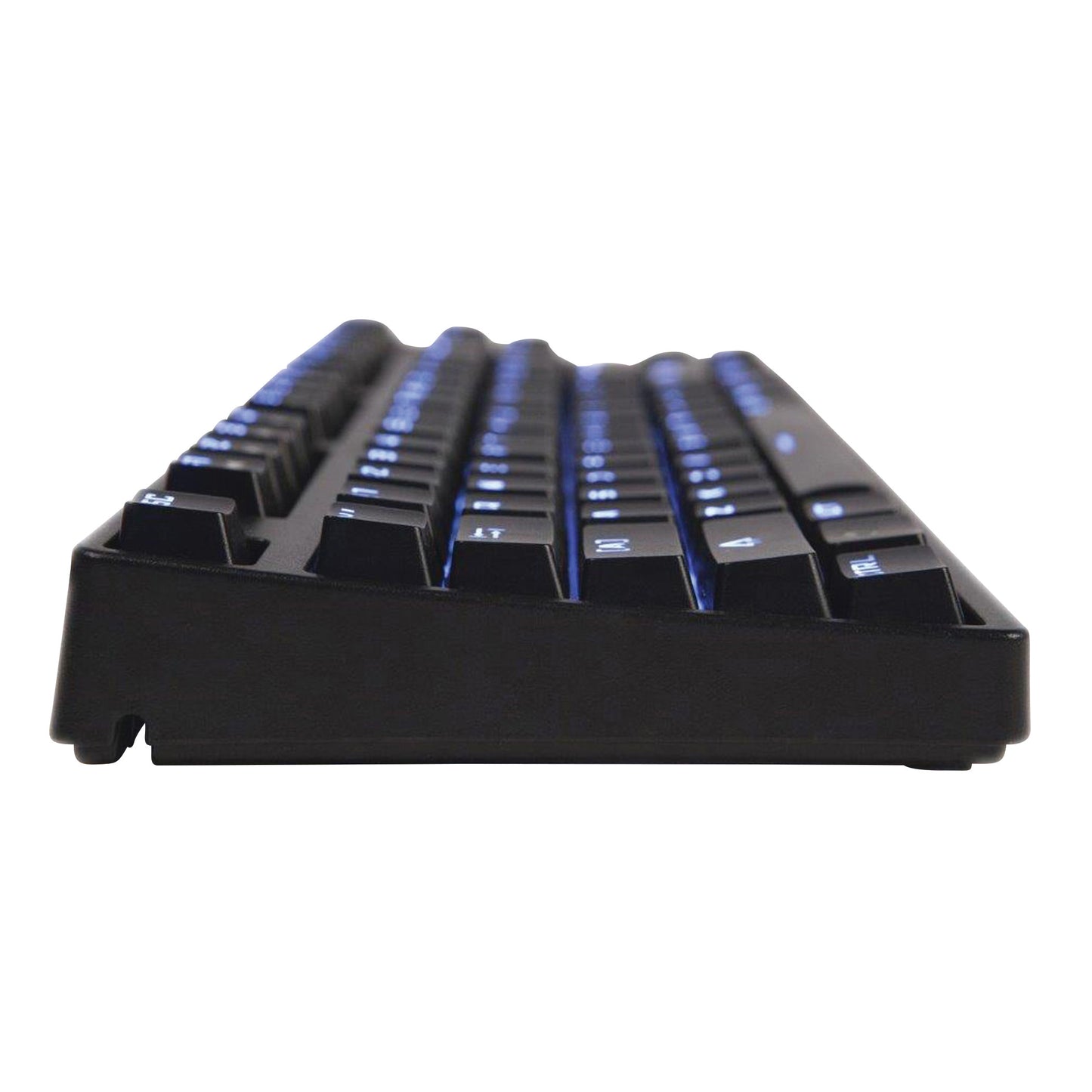 Side view of the MK1 Mechanical Keyboard with illuminated keys against a white background.