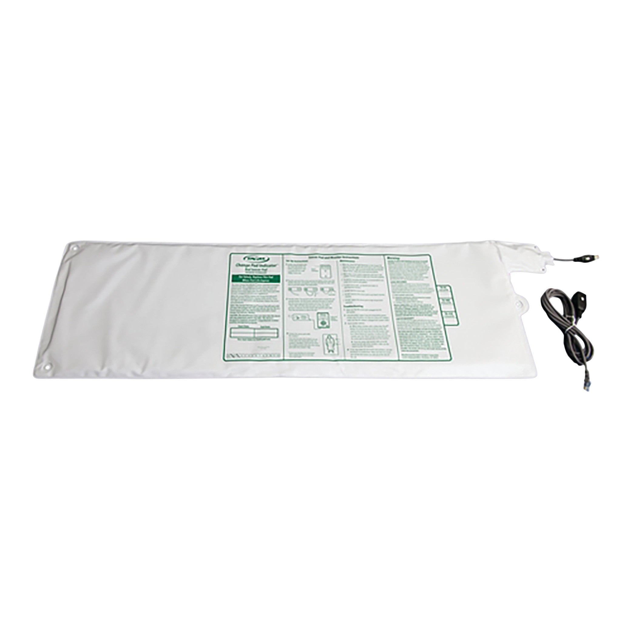Smart Caregiver Corded Antimicrobial Chair Sensor Pad with a cable attached, featuring printed instructions and a white surface.