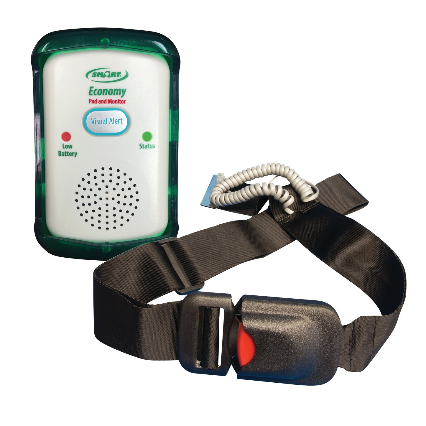 Smart Caregiver Seat Belt Alarm Set with a monitor indicating battery status and a black seat belt with a red release button.