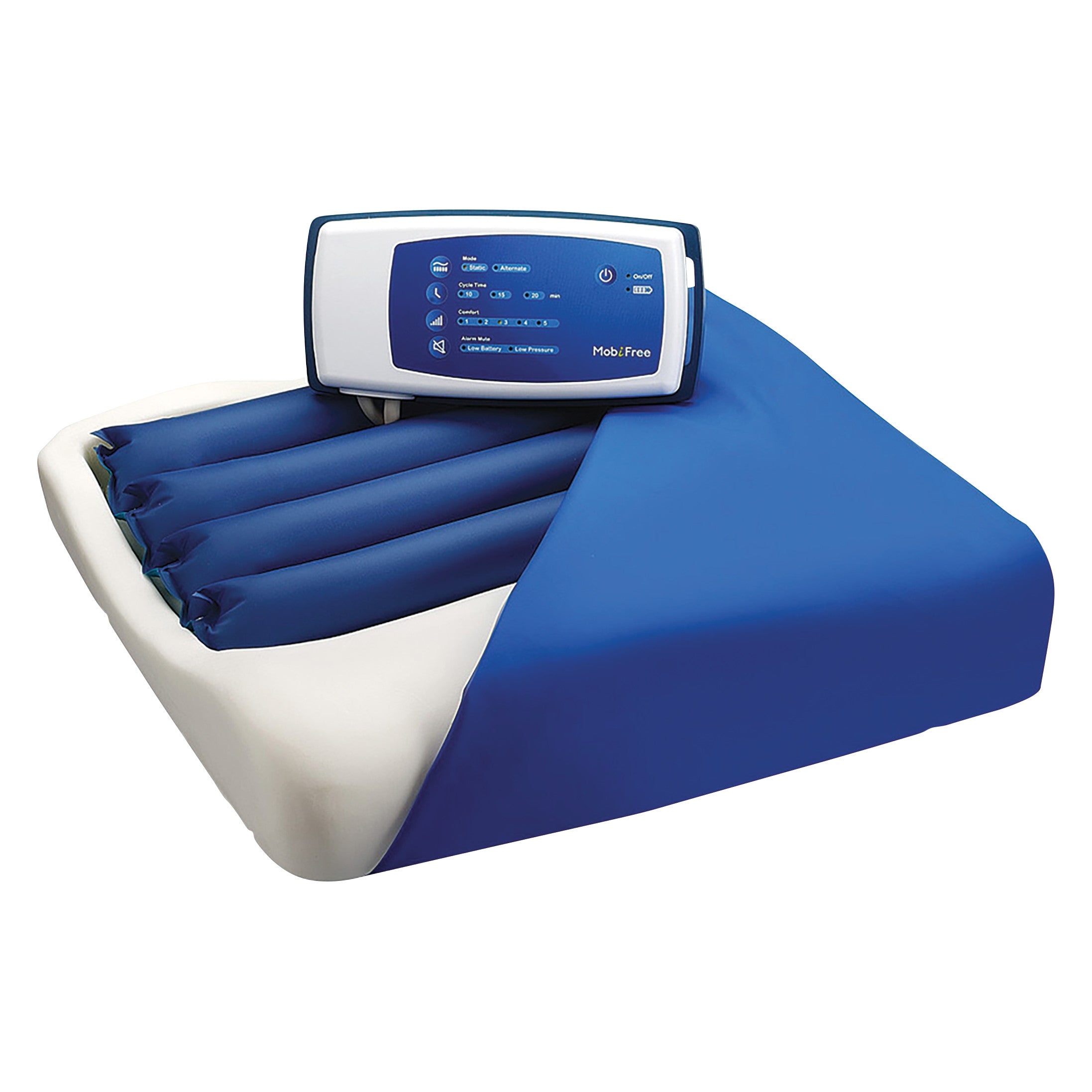 The Pain Management Technologies MobiCushion Pneumatic Seat Cushion features blue air cells and a digital control panel.