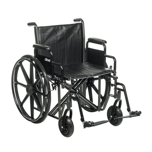 The Drive Medical Sentra EC Heavy-Duty Wheelchair features removable desk arms and swing-away footrests, shown in a black finish.