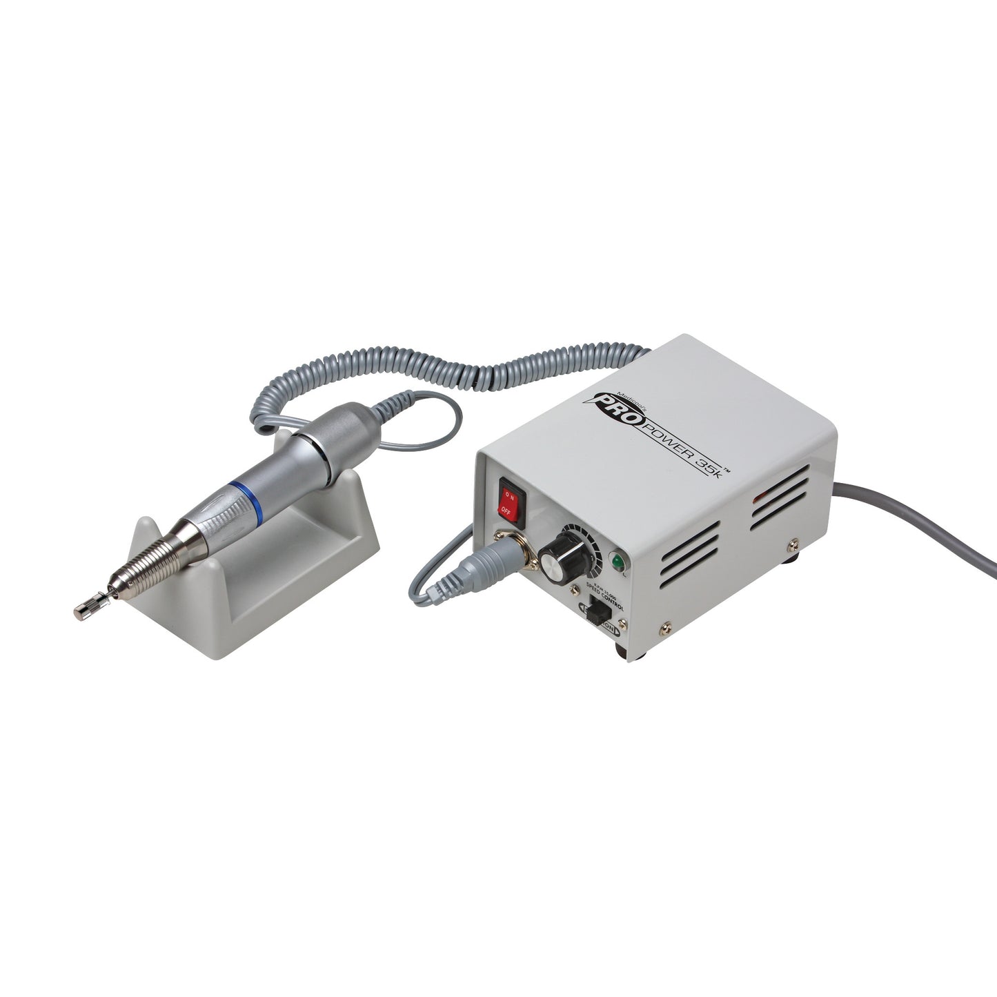 A Mandrel Shaft for Sanding Band for File Stream, Pro Power, and Pro Vac File Debriding Drills, with handpiece and control unit.