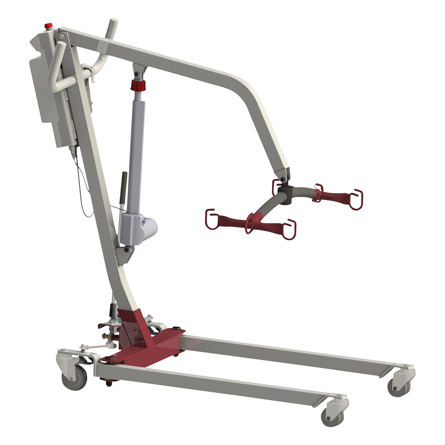 The Bestcare BestLift PL182 Full Body Electric Patient Lift features a metal frame with wheels and red hooks for patient support.