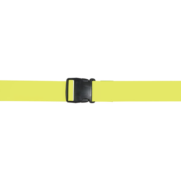 A yellow AliMed Soft Wipeable Gait Belt with a black plastic buckle on a white background.