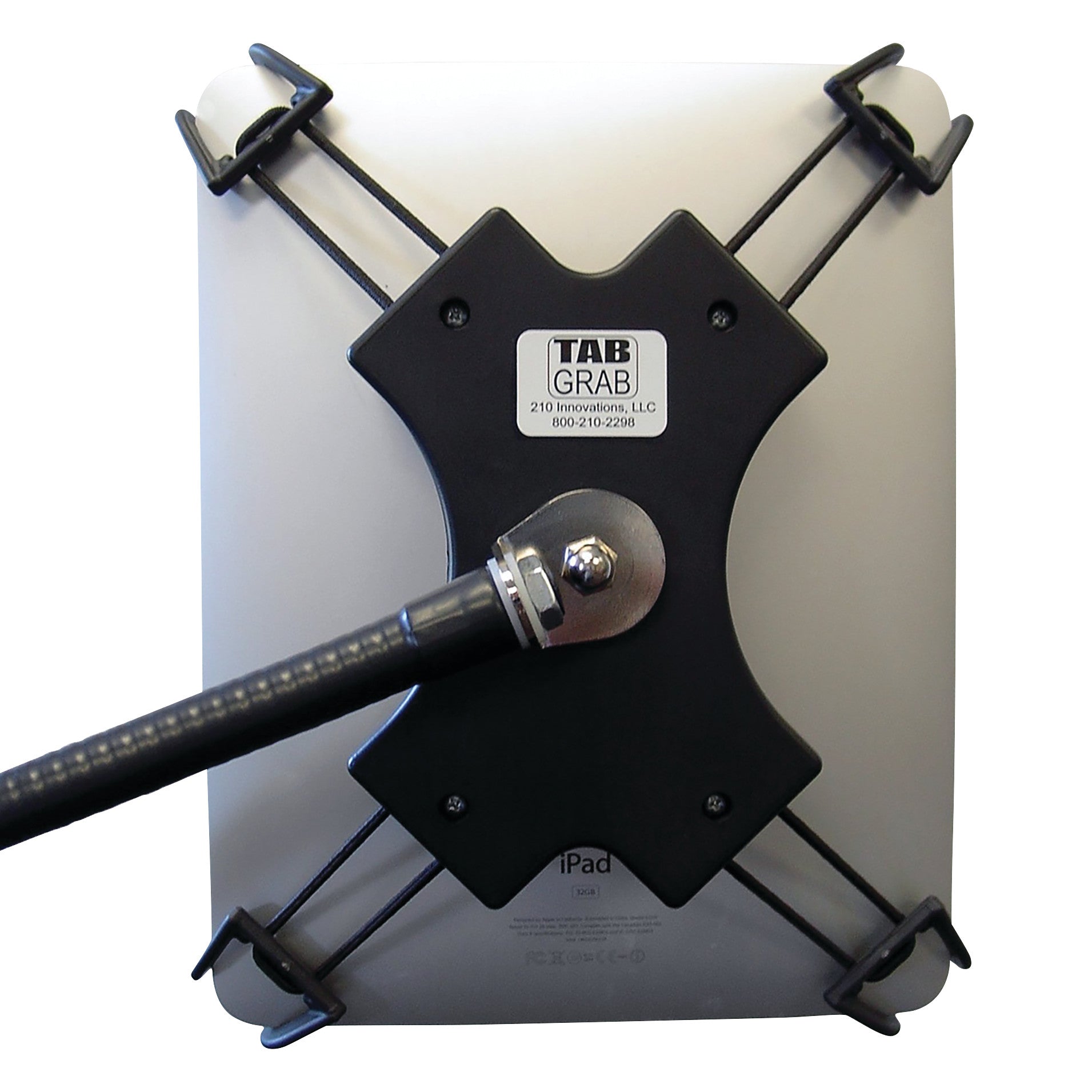 A Tab Grabber mount secures a tablet, with adjustable arms and a metal attachment for stability.