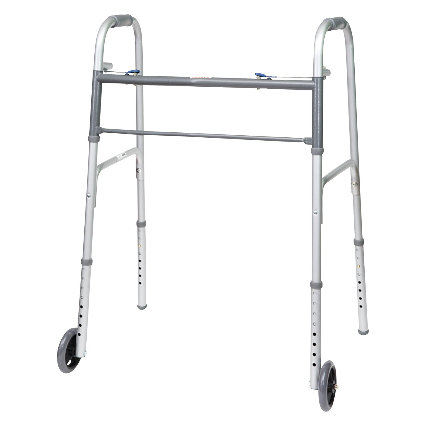 A Two-Button Release Folding Junior Walker with two front wheels and adjustable legs, designed for assistance in mobility.
