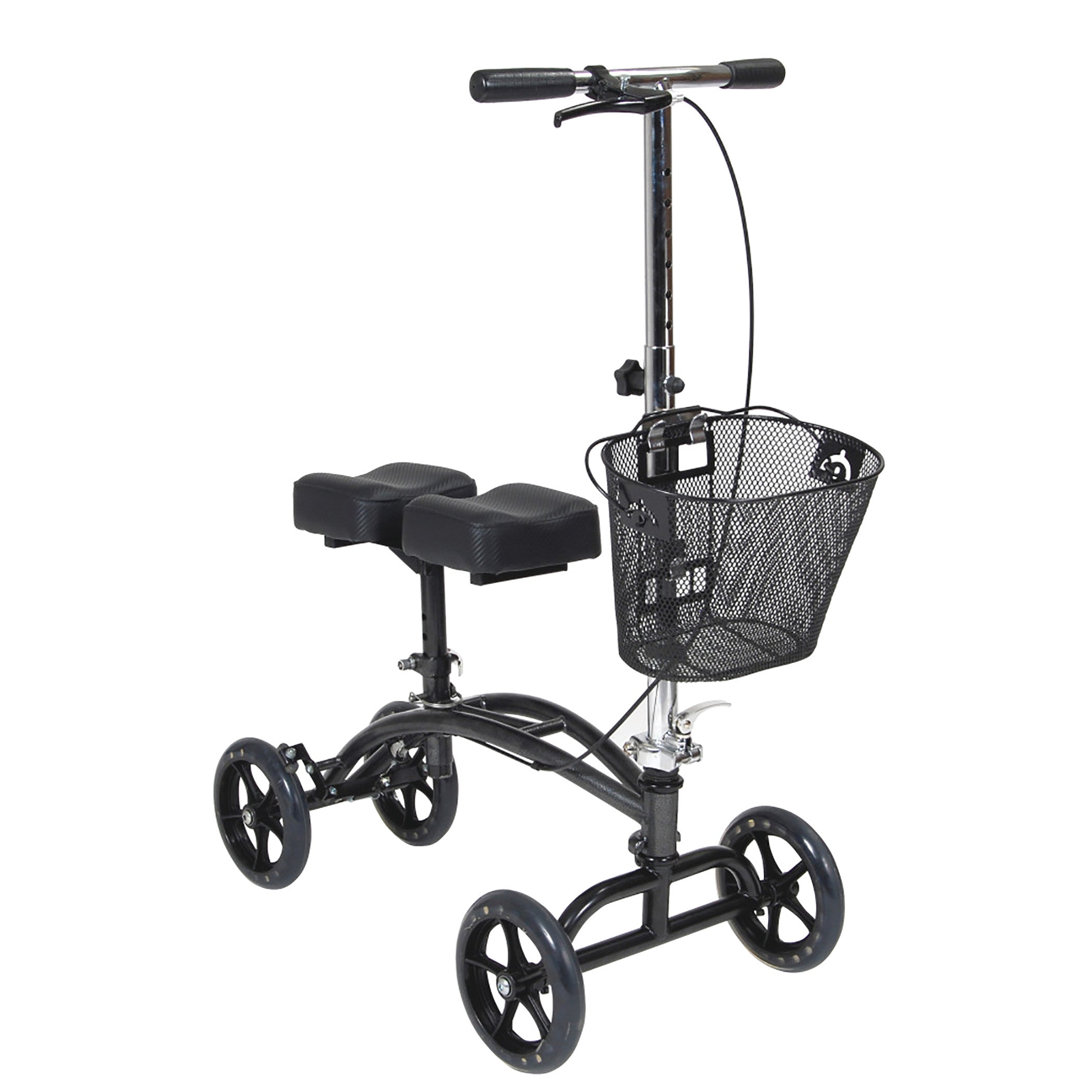 Drive Medical Steerable Knee Walker with a metal basket, four wheels, and a padded knee rest, designed for mobility.