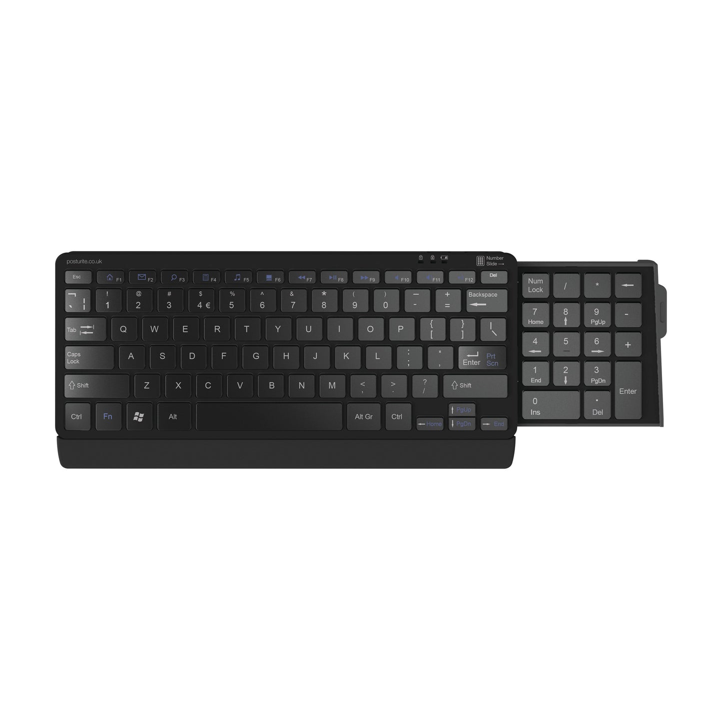 Posturite Compact Number Slide Bluetooth Keyboard featuring a slide-out numeric keypad, shown in a black, compact design.