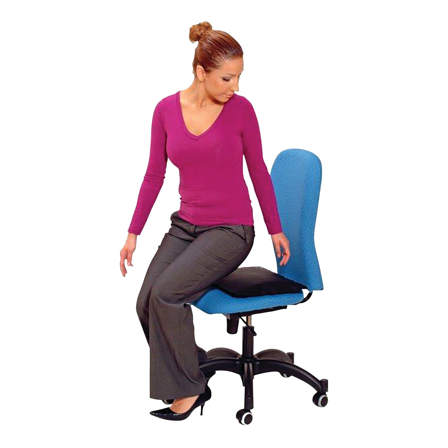 A woman demonstrates the Back Vitalizer cushion on a blue office chair, highlighting posture support and ergonomic comfort.