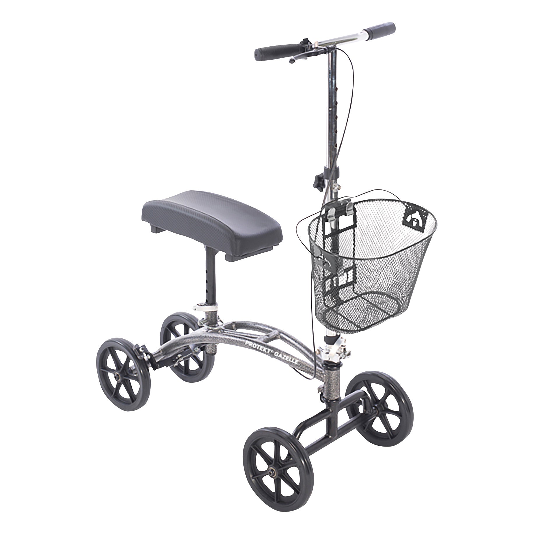 Protekt Gazelle Steerable Knee Walker with four wheels, padded knee rest, and a mesh basket on the front handlebar.