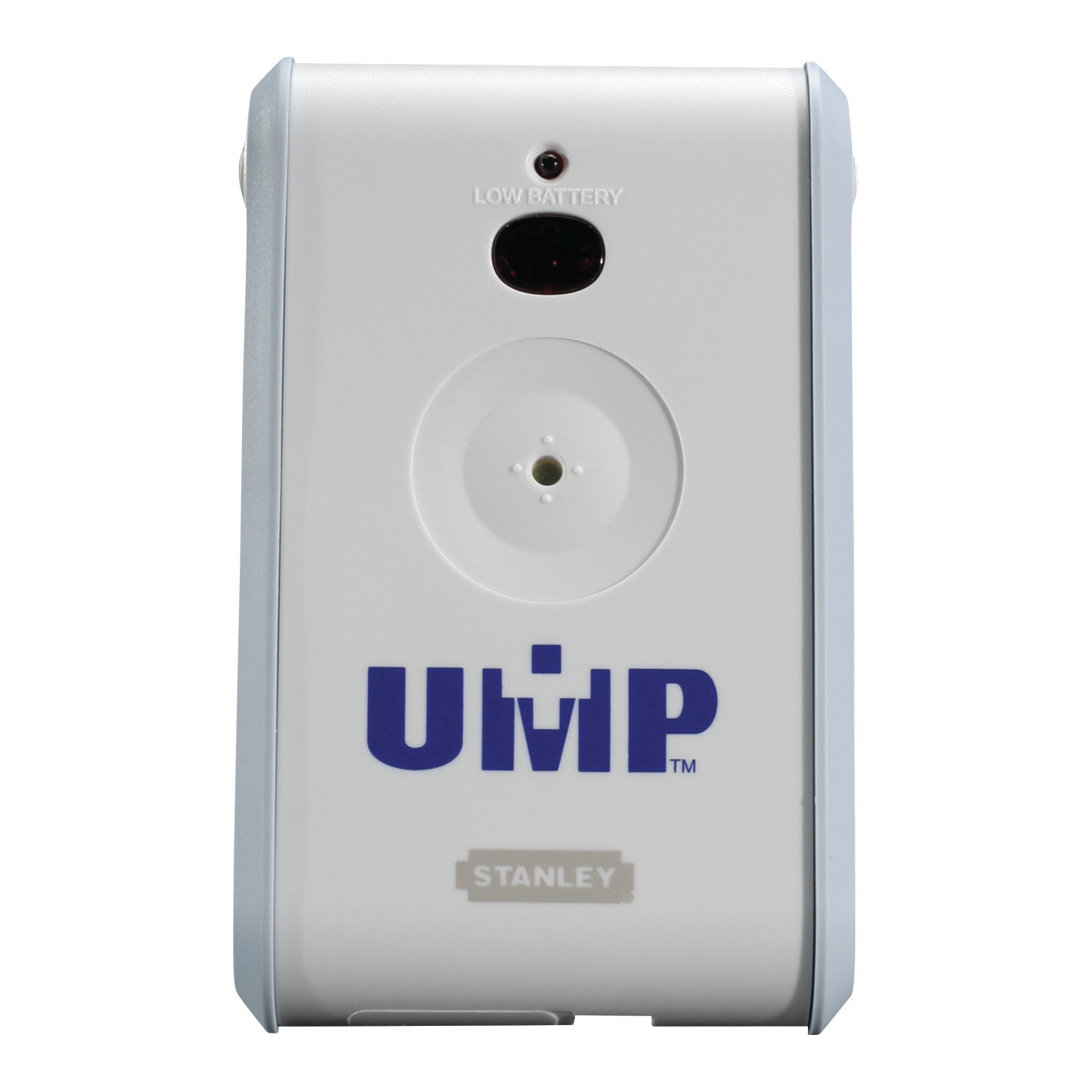 UMP Deluxe Bed Sentry Alarm in white, featuring a central button, LED indicator for low battery, and the label 'Stanley.'