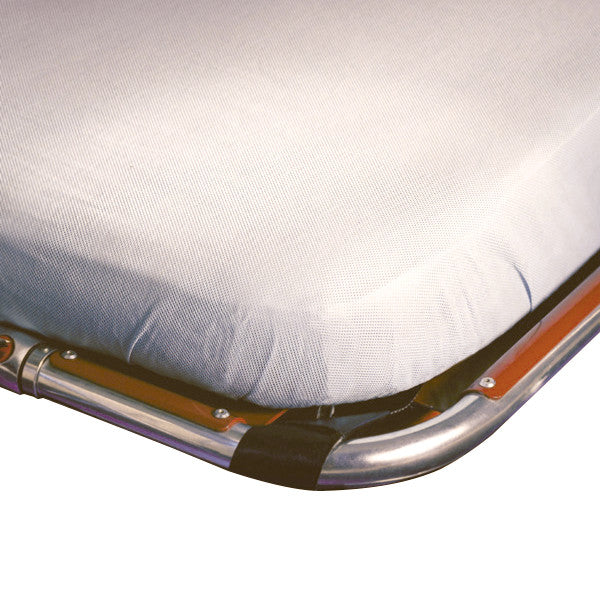 SnugFit Fitted EMS Sheet covering a mattress on a stretcher, secured with a metal frame and fastened with black straps.
