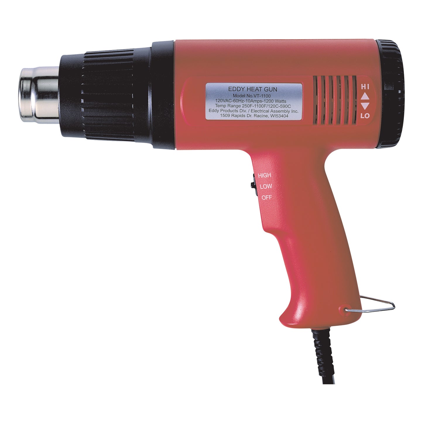 A red Eddy Economy Heat Gun with a black nozzle and adjustable settings for high, low, and off on the handle, connected by a cord.