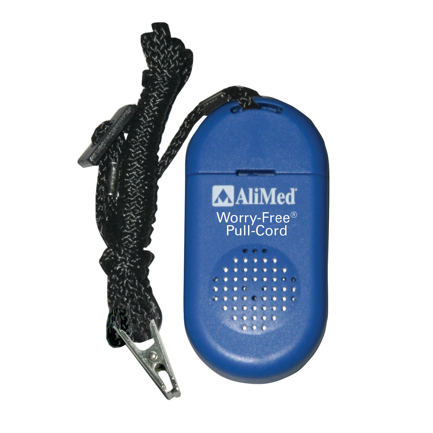A blue AliMed Worry-Free Pull-Cord Alarm with a speaker and attached black cord featuring a metal clip.