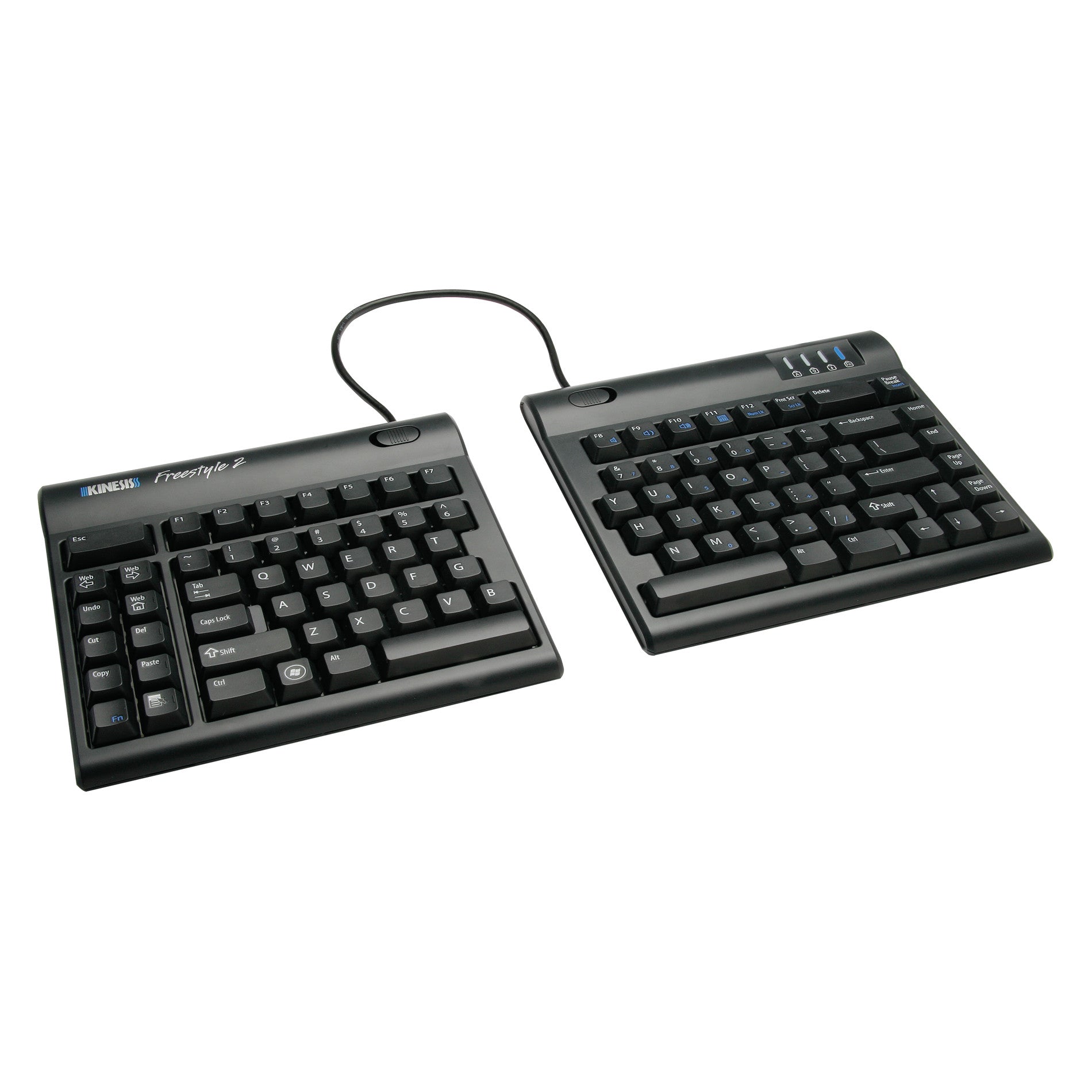The Kinesis Freestyle2 USB Keyboard is a split ergonomic keyboard with a connecting cable, designed for comfortable typing.