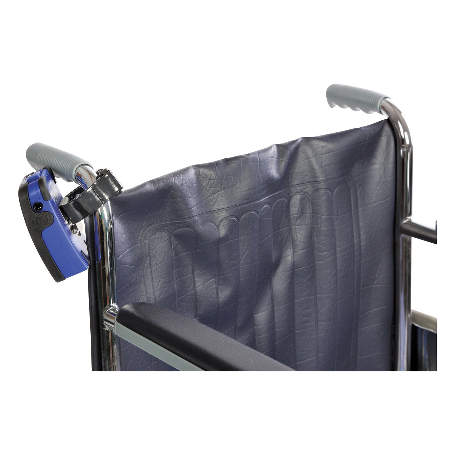 Close-up of a wheelchair's back with an AliMed Cleanable Hanging Strap attached. The strap is black and secured on the handle.