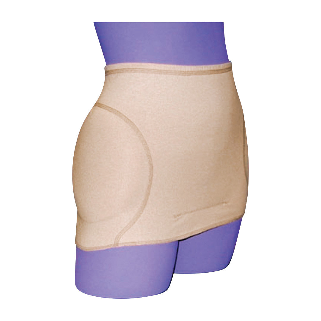 A purple mannequin wears beige HipSaver Nursing Home Briefs with padding to protect hips, designed for elderly care.