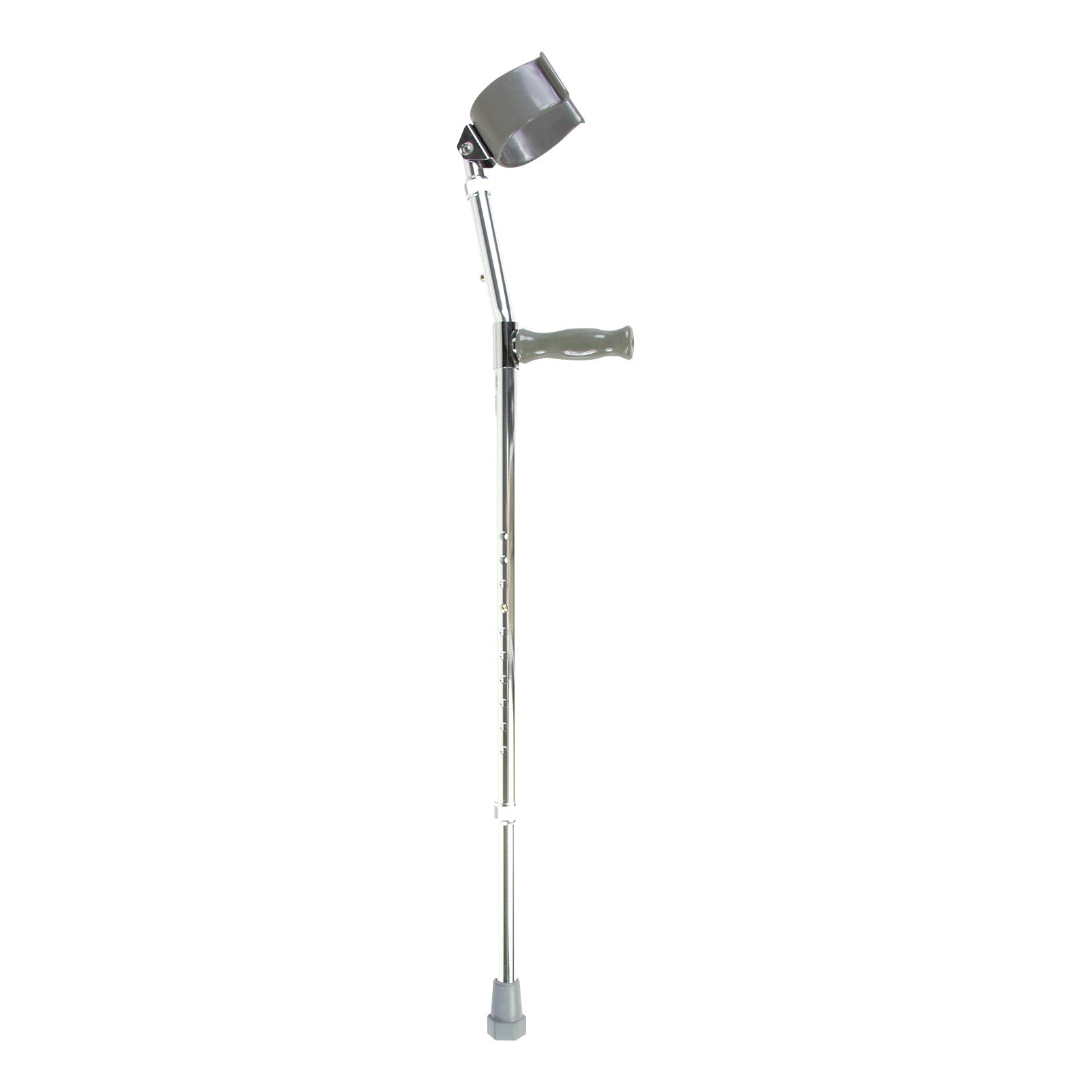 Drive Medical Deluxe Steel Forearm Crutch with a grey cuff and handle, adjustable height, and a rubber tip at the base.