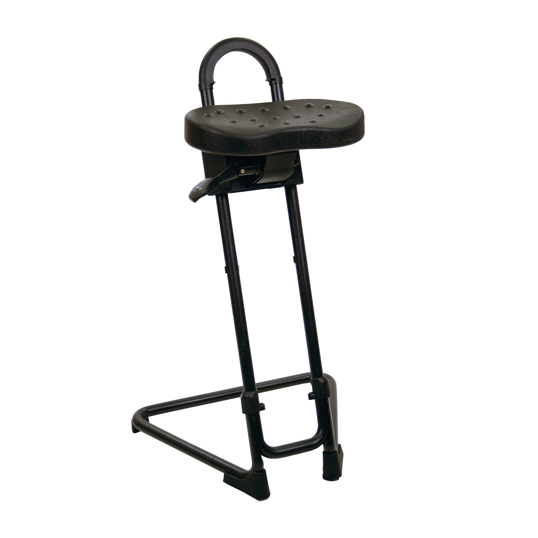 The Lyon Portable Sit-Stand Stool is a black stool with a U-shaped handle, a contoured seat, and a triangular metal base with rubber tips.