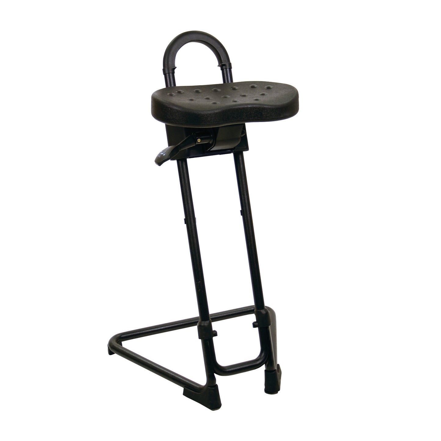 The Lyon Portable Sit-Stand Stool is a black stool with a U-shaped handle, a contoured seat, and a triangular metal base with rubber tips.