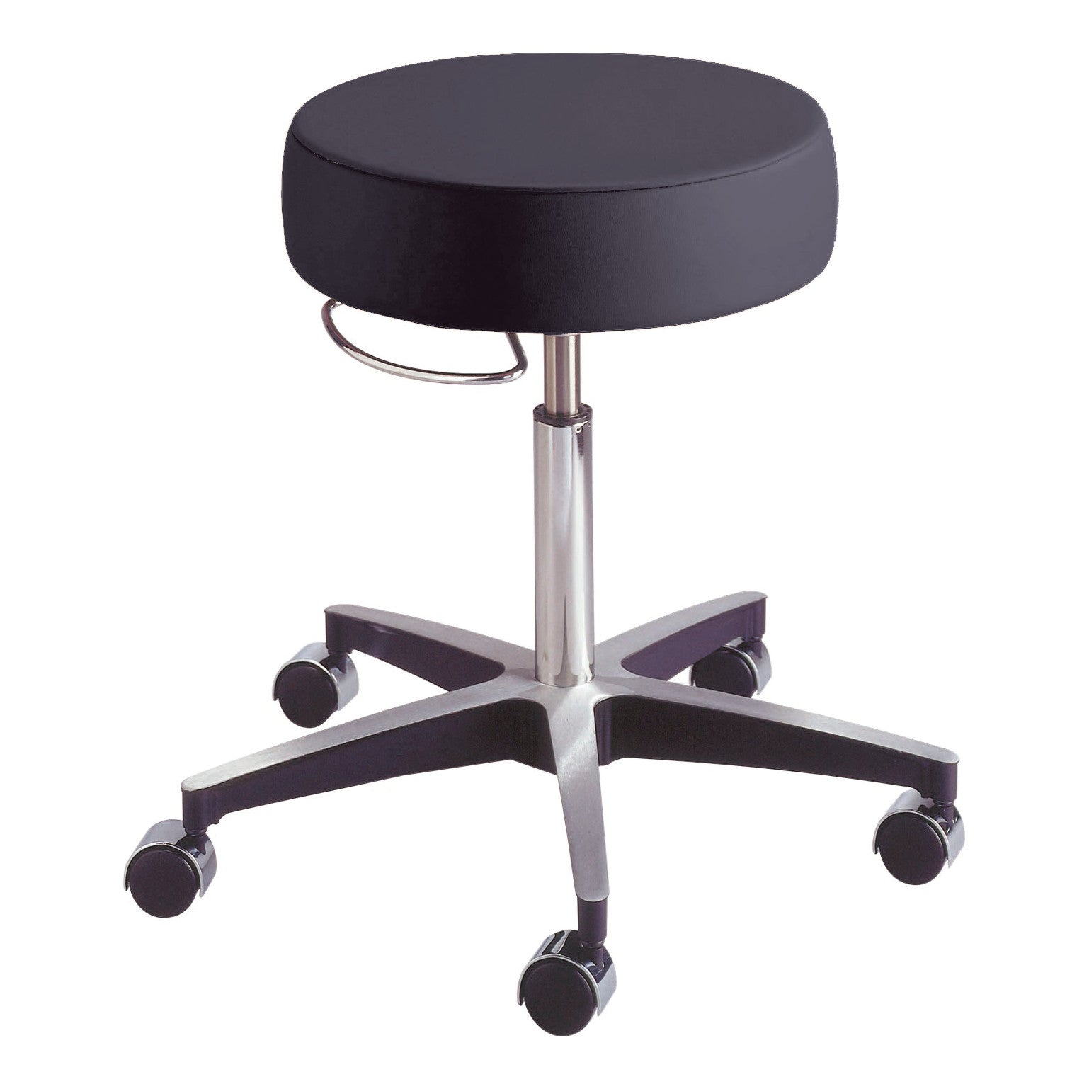 AliMed Deluxe Pneumatic Stool with a black round seat, chrome adjustable base, and five caster wheels for mobility.