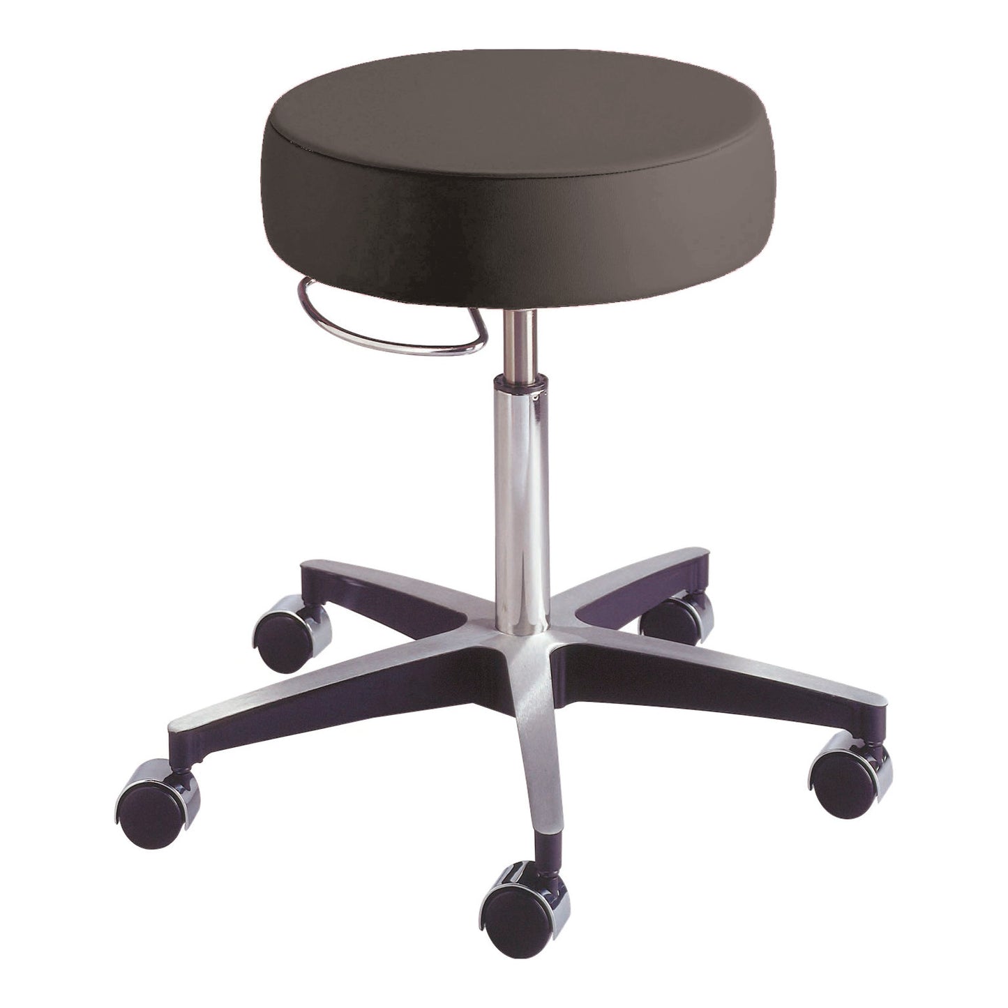AliMed Deluxe Pneumatic Stool with a black cushioned seat, height-adjustable chrome base, and five rolling casters.