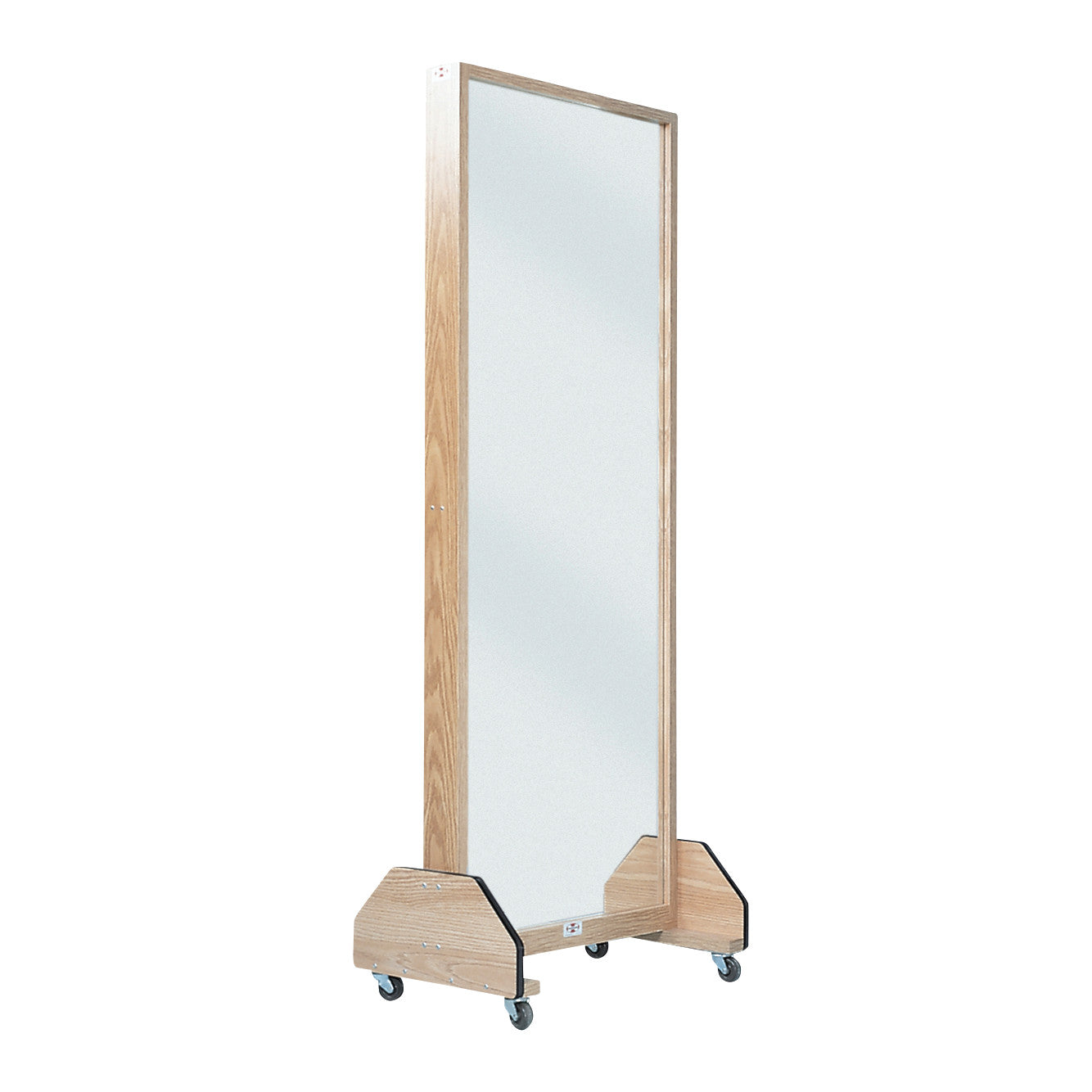 Hausmann Portable Single Glass Mirror with a wooden frame and base on four wheels for easy mobility.