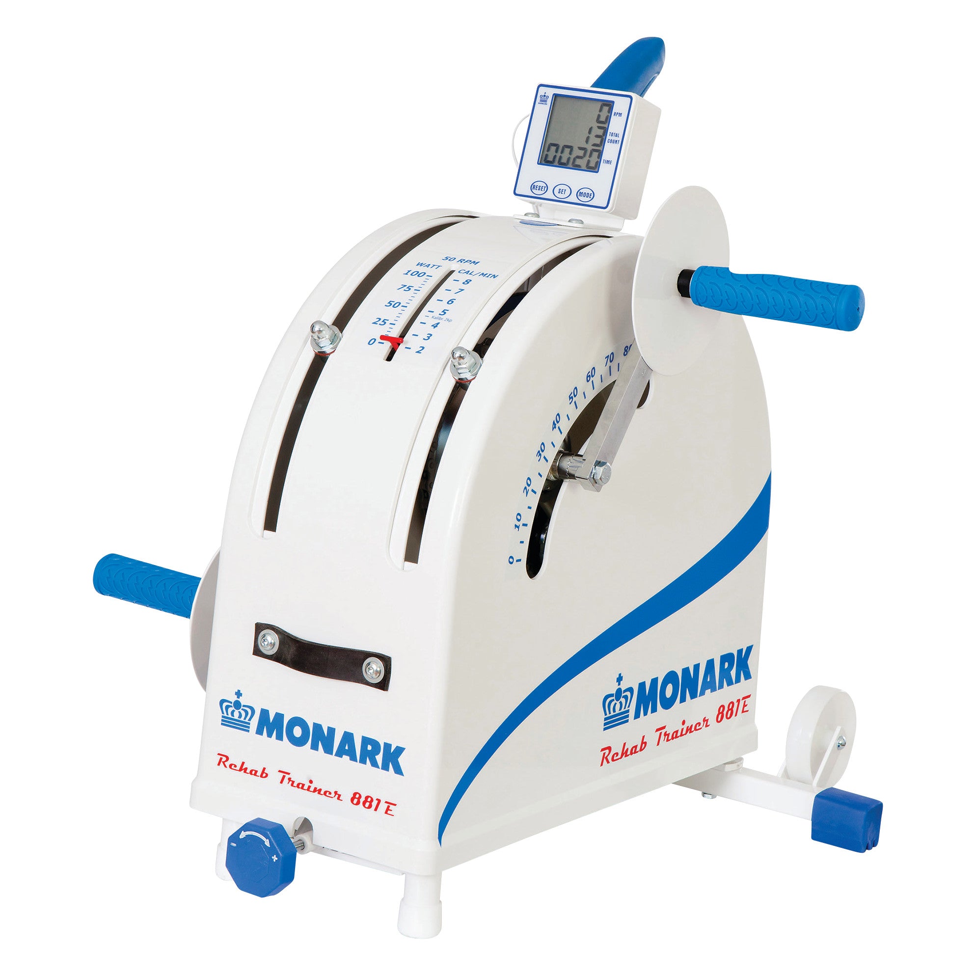 The Monark Rehab Trainer 881E is a compact exercise device with blue handles, adjustable resistance, and a digital display.