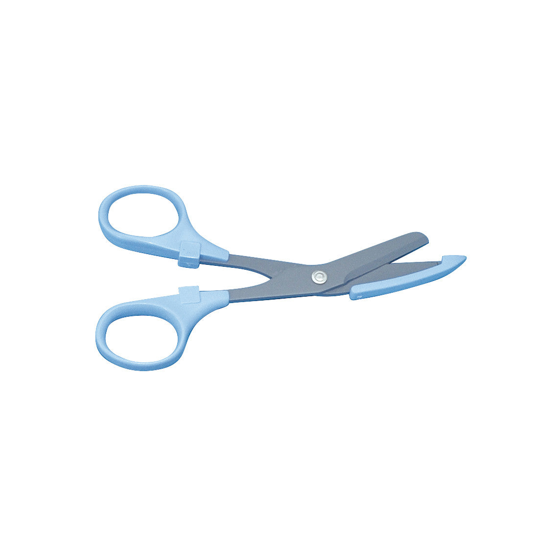 Blue-handled Dressing Scissors feature a blunt tip and angled design, ideal for safe bandage removal and medical use.