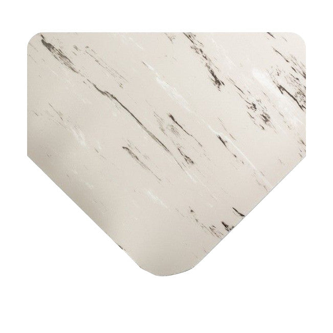 Wearwell Tile-Top Antimicrobial Mat with a white and black marble pattern, featuring rounded corners and a smooth surface.