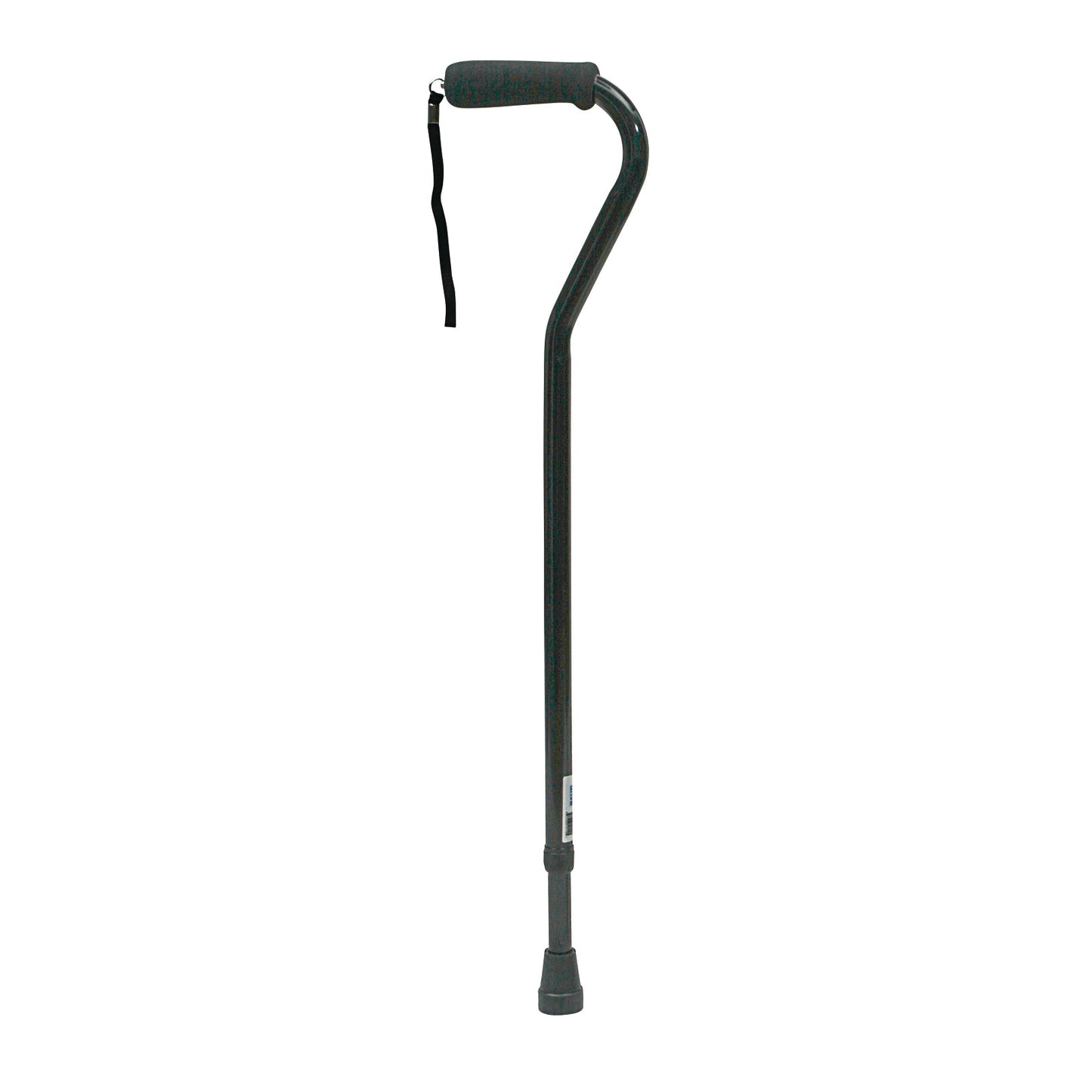 Adjustable Offset Cane is a black mobility aid with a foam handle and wrist strap, designed with an angled shaft for support.