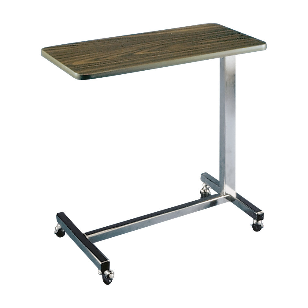 AliMed Overbed Table with a wood-grain top, height-adjustable metal frame, and four casters for easy mobility.