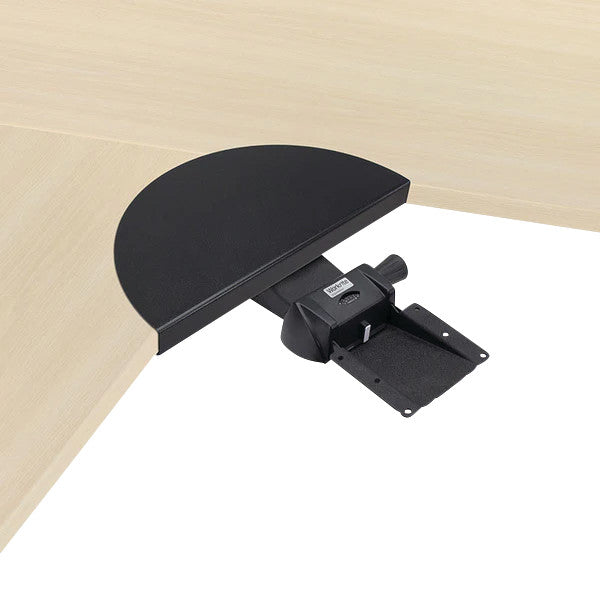 A black Corner Diagonal Plate installed on a light wooden desk, featuring an adjustable attachment mechanism.