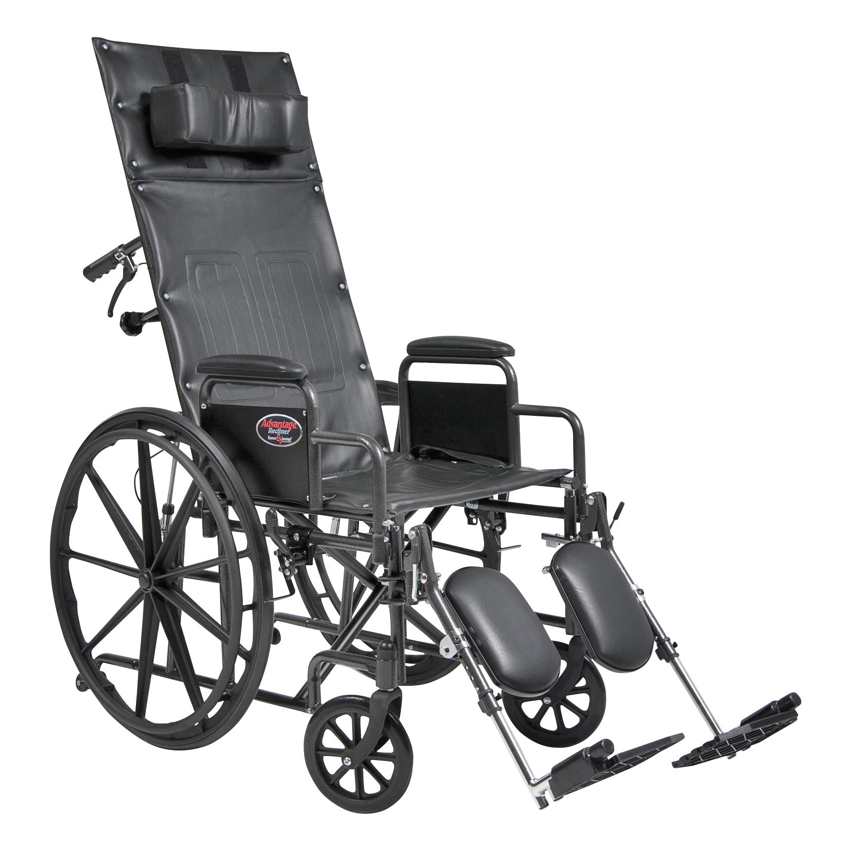 Everest & Jennings Advantage Recliner Wheelchair with an adjustable backrest, leg supports, and padded headrest, designed for comfort.